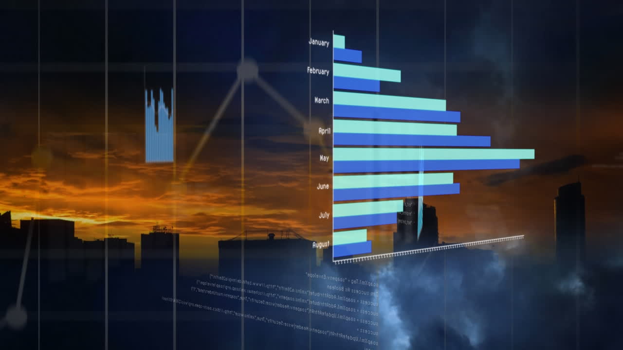 Animation of statistical data processing against thunderstorm over silhouette of cityscape