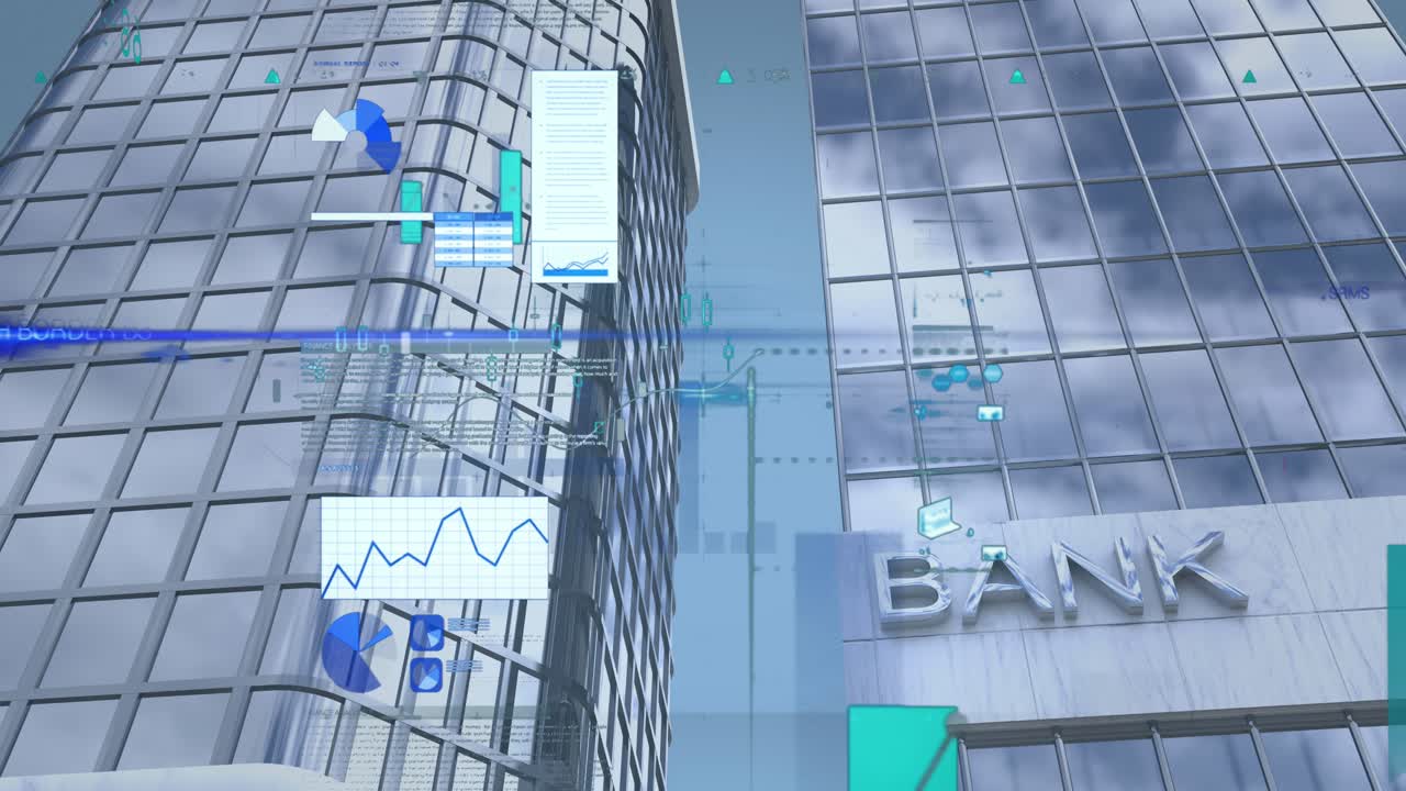 Animação de estatísticas com processamento de dados sobre um edifício bancário.