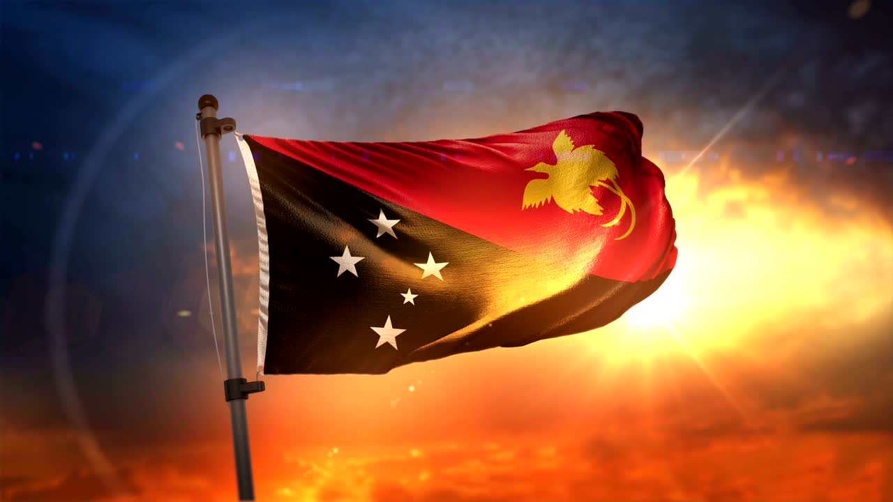 파푸아 뉴기니의 발은 아름다운 해가 뜨는 순환 속도 느린 동작 4k에서 백라이트됩니다.