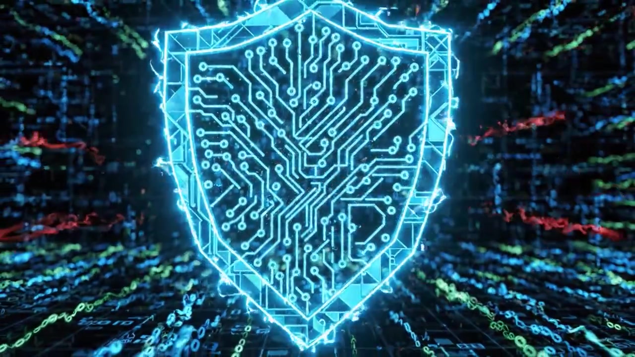 A Futuristic Visualization of Cybersecurity: A Shield Composed of Circuit Patterns Surrounded by Streams of Data Representing Digital Protection Against Threats