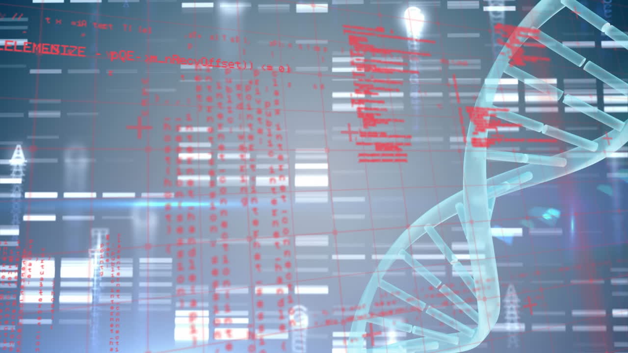 animación de formas rojas sobre cadenas de adn y formas de procesamiento de datos sobre fondo negro