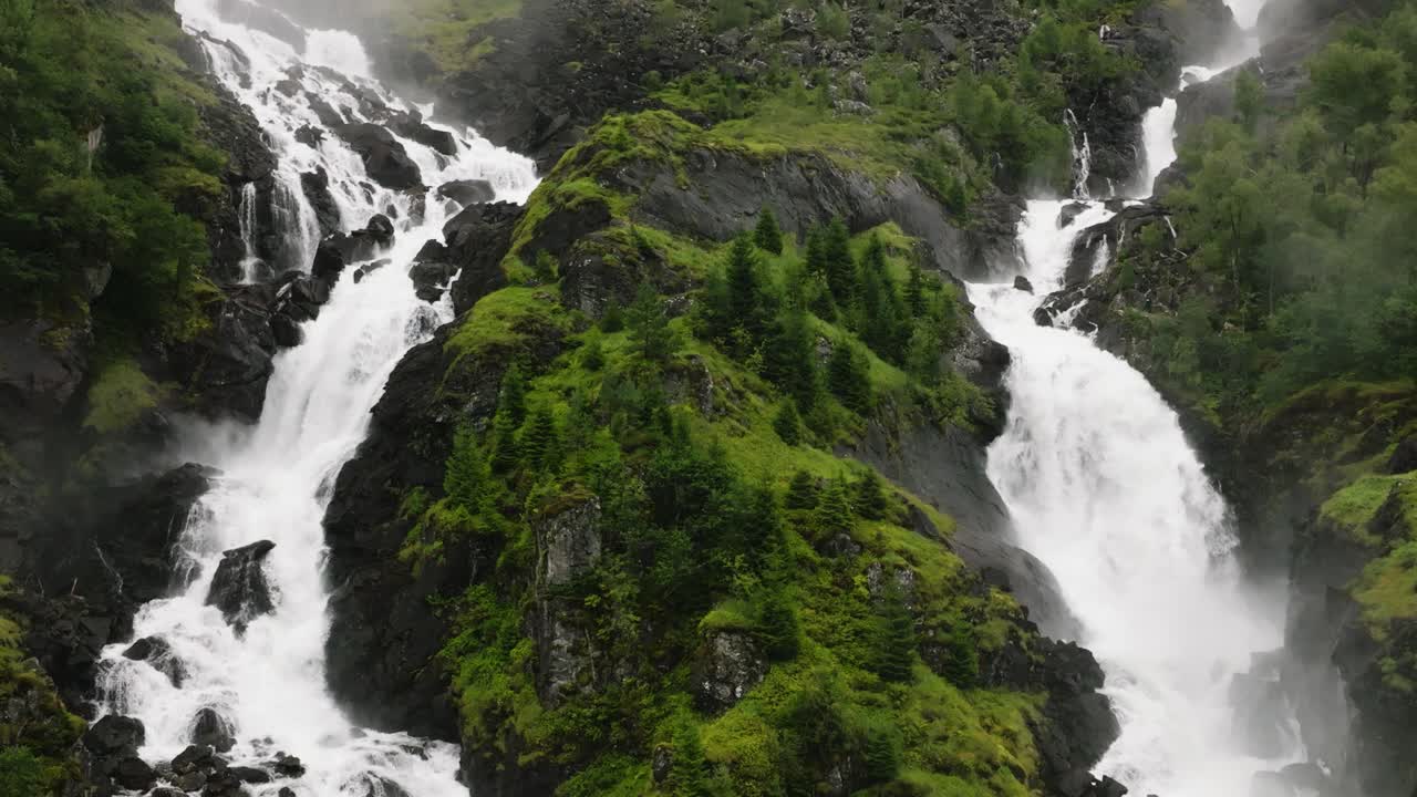 Låtefossen twin waterfall in Norway, slow motion, drone ascend