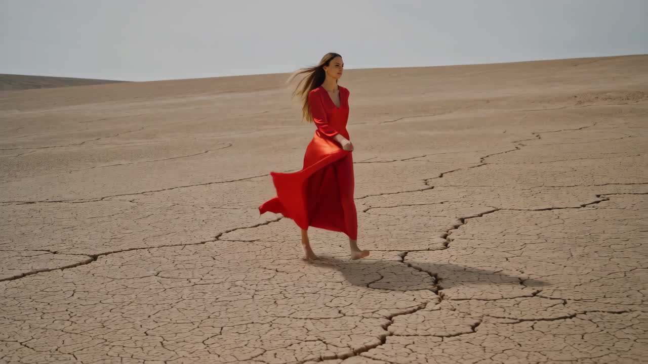 Woman in Flowing Red Dress Walks Through a Vast Cracked Desert