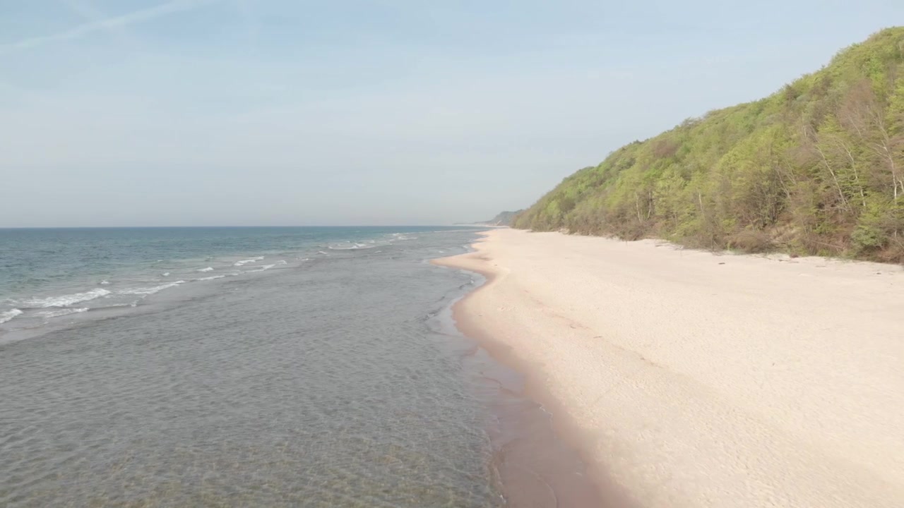 Wide drone view shows the empty Poddabie shoreline, shallow Baltic Sea waves, pale sand and forested coastal bluffs under clear daylight.