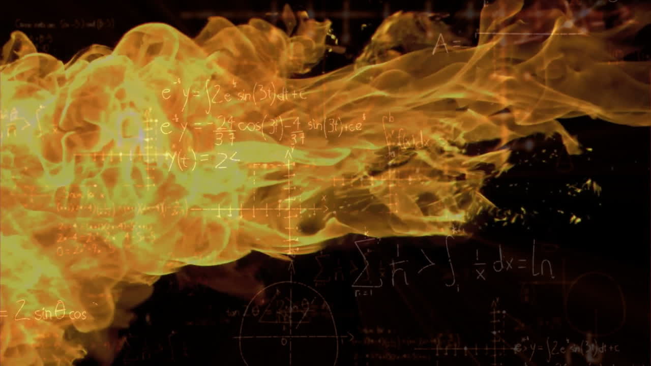 Swirling orange yellow flames flowing across void, with translucent math formulas floating in 3D