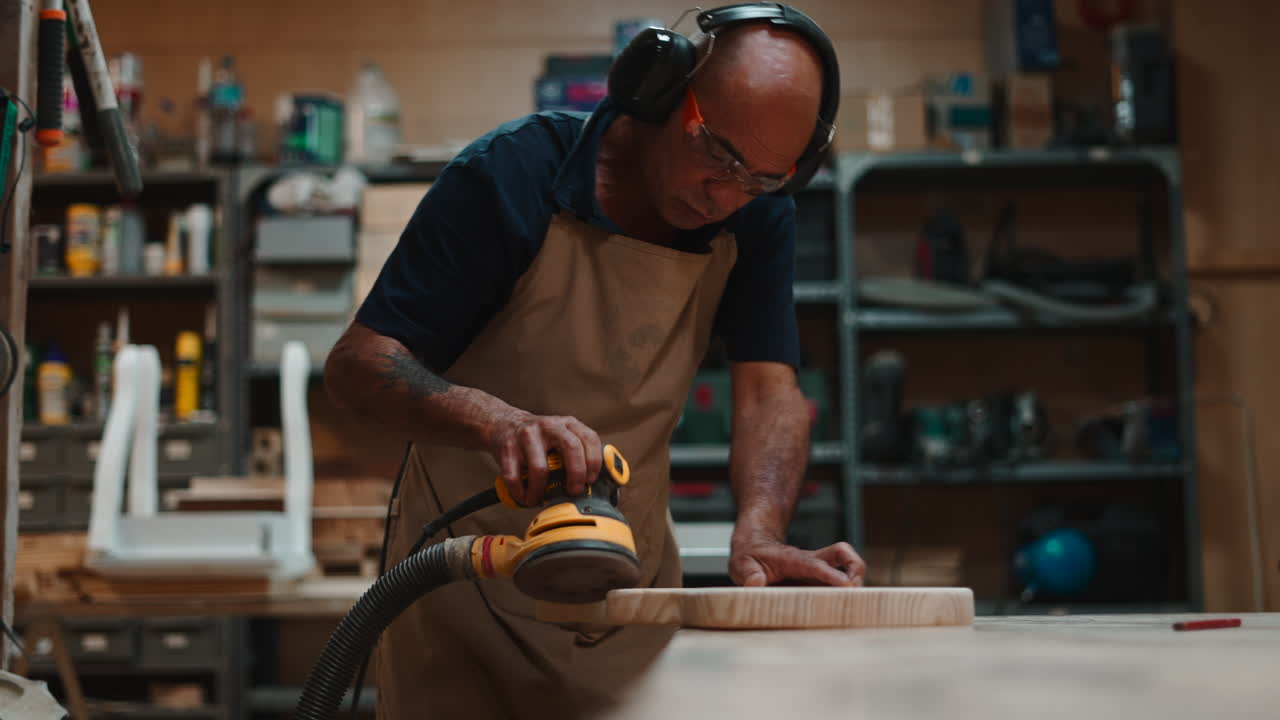 Skilled Carpenter Sanding Wood with Orbital Sander in Workshop