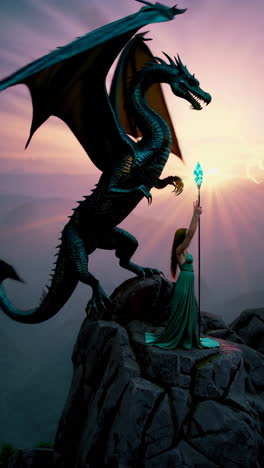fantasy dragon and sorceress on mountain peak at sunset