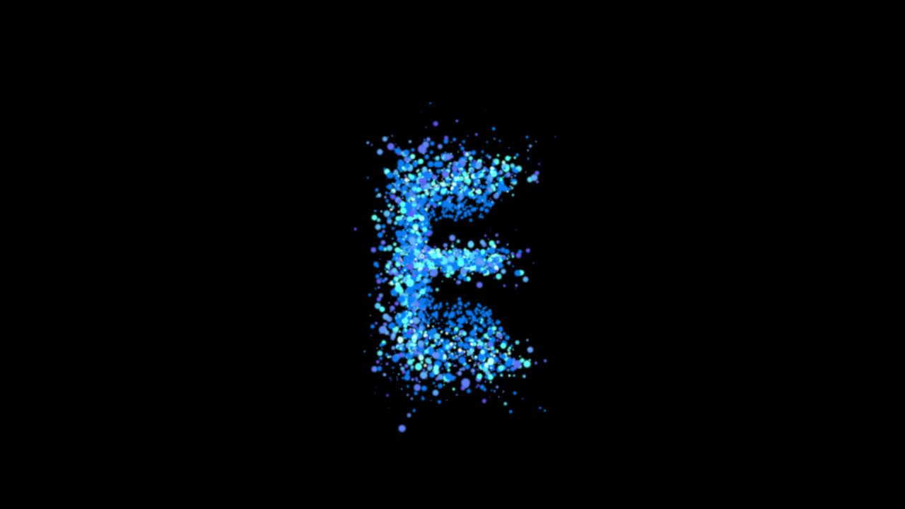 Bolle di particelle blu che formano la lettera E su sfondo trasparente