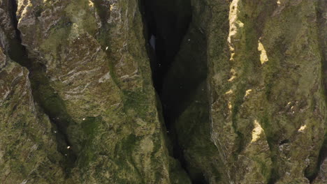 formación rocosa cubierta de musgo del desfiladero de rauofeldsgja en el pueblo de hellnar en snaefellsnes, islandia