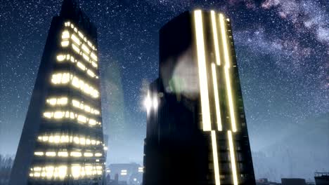 Rascacielos-De-La-Ciudad-Por-La-Noche-Con-Estrellas-De-La-Vía-Láctea
