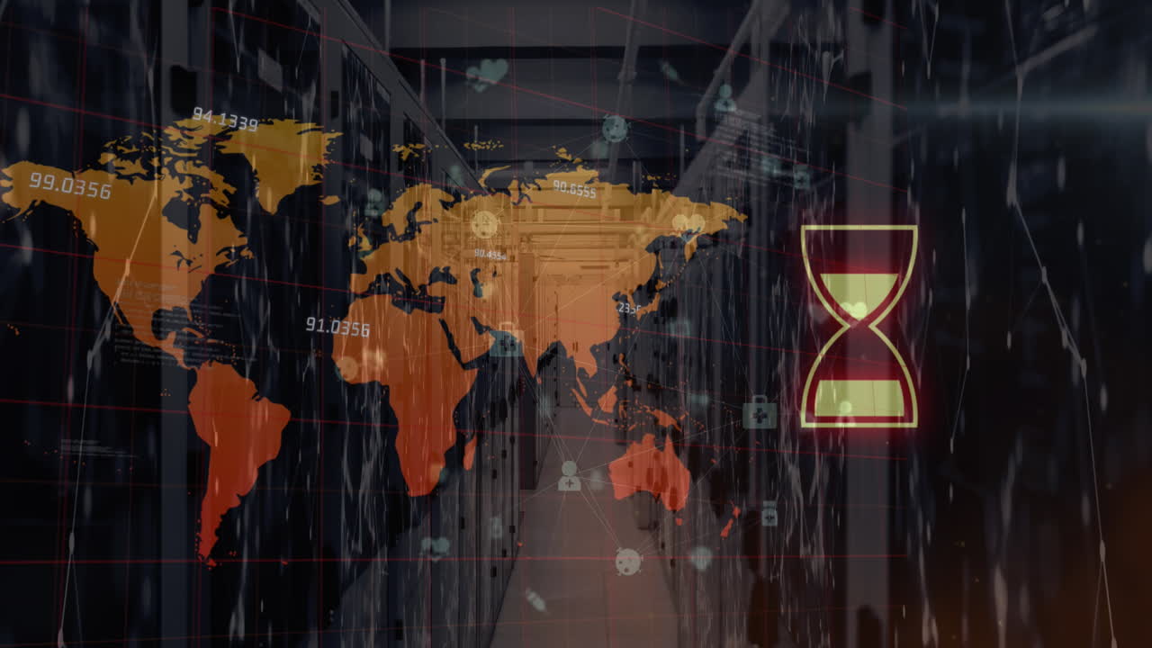 컴퓨터 서버를 통해 데이터 처리 및 세계 지도의 애니메이션