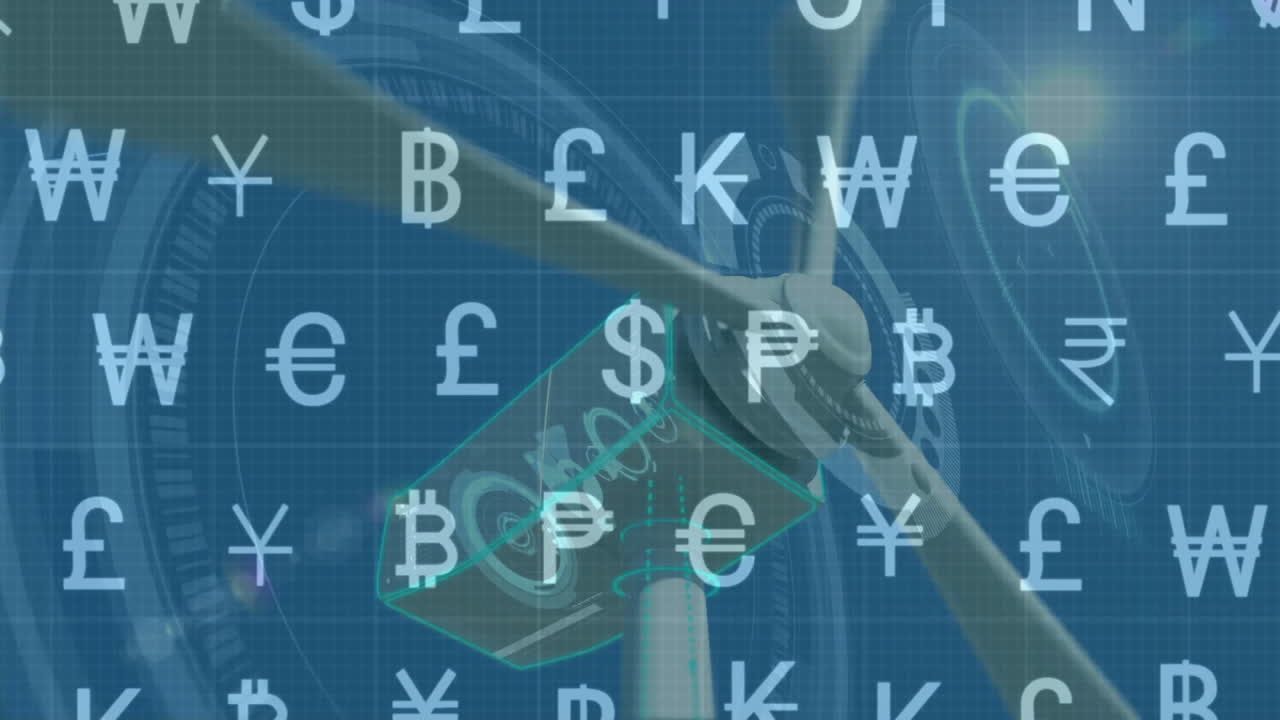 Wind turbine hub rotating on blueprint grid while currency symbols floating around holographic cube