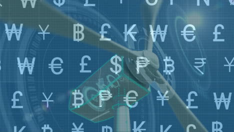 wind turbine hub rotating on blueprint grid while currency symbols floating around holographic cube