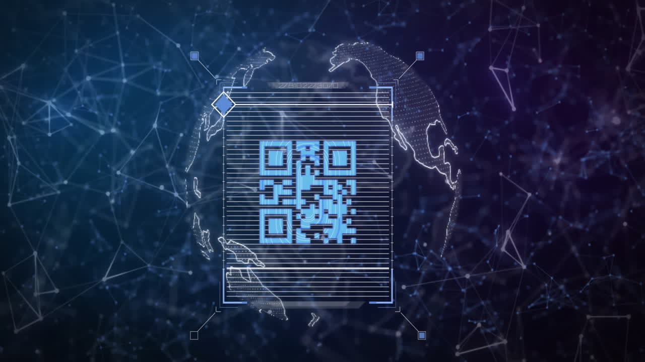código qr y animación de red digital sobre el fondo del mapa del mundo
