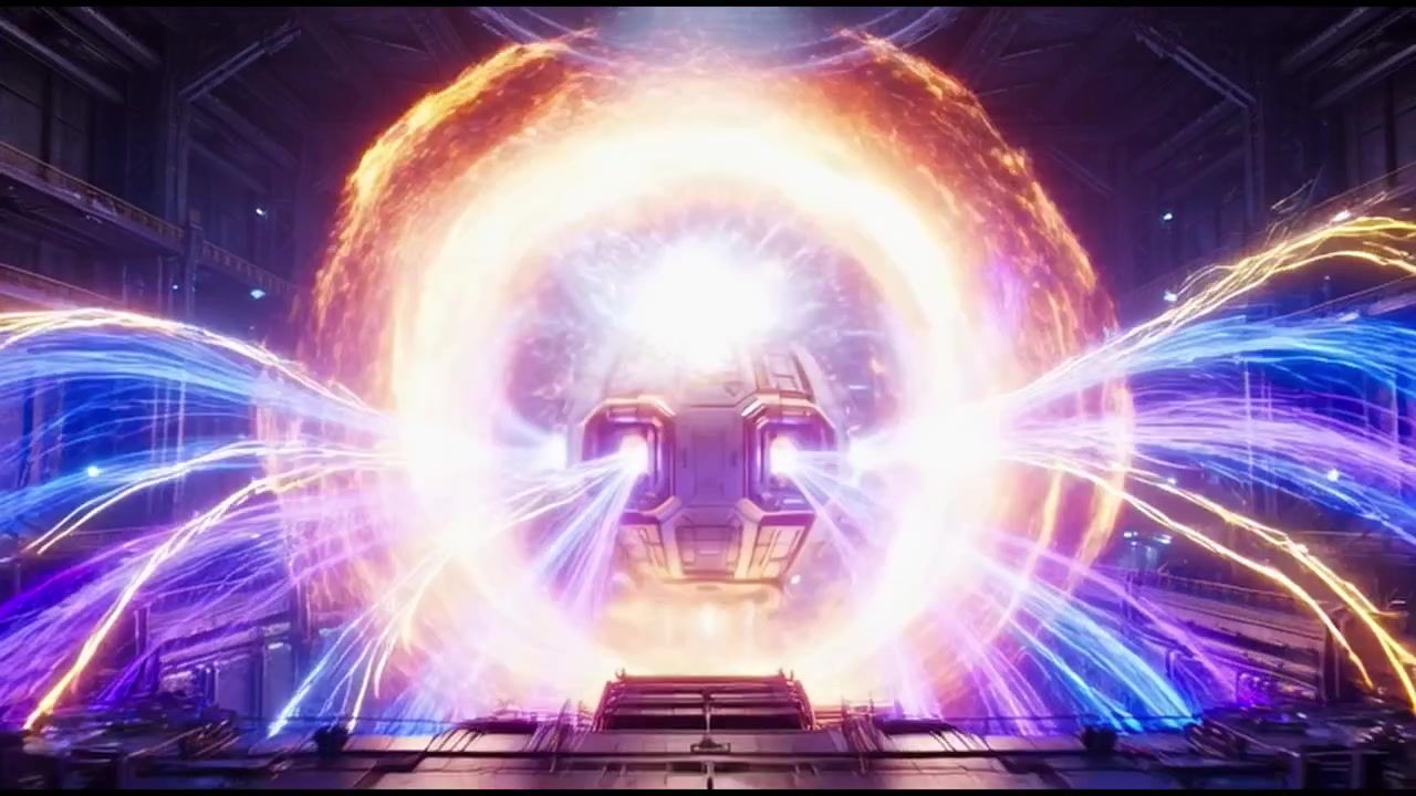 Nucleo energetico futuristico che genera un portale di plasma luminoso in un laboratorio