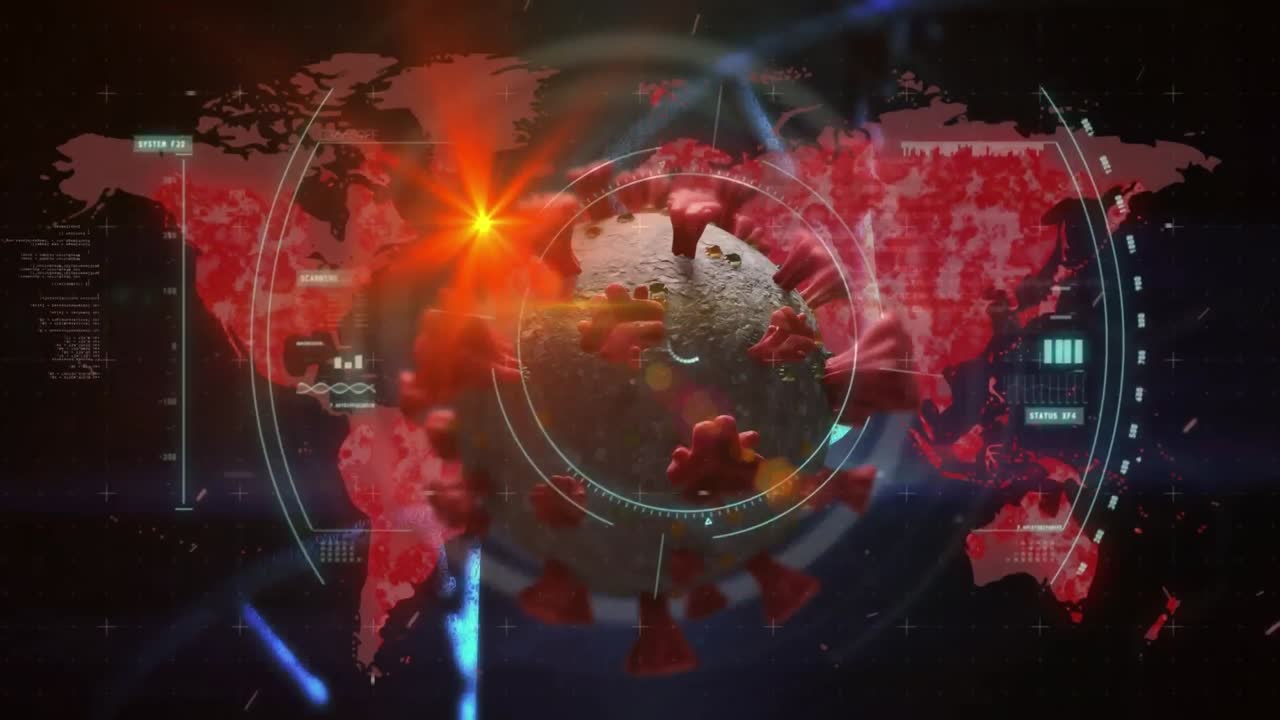 Animation of virus cell, dna and world map on black background