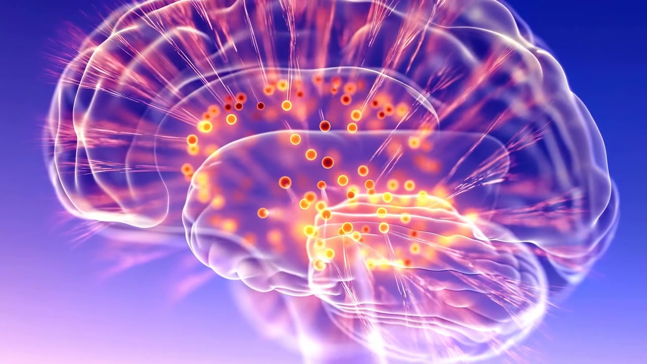 Close-up sagittal human brain rendered in semi-transparent layers, filled with clustered orange yellow light nodes and radiant filament pathways spreading across folded cortex in scientific style