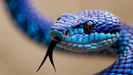 close-up of a striking blue snake with forked tongue