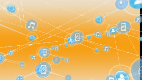 animación de una red de iconos digitales contra un fondo de gradiente amarillo