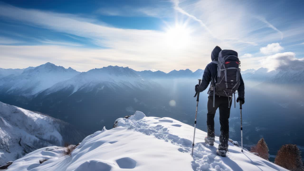 Un escursionista sale sulla cima innevata di una montagna sotto un sole splendente, ripreso da un angolo basso