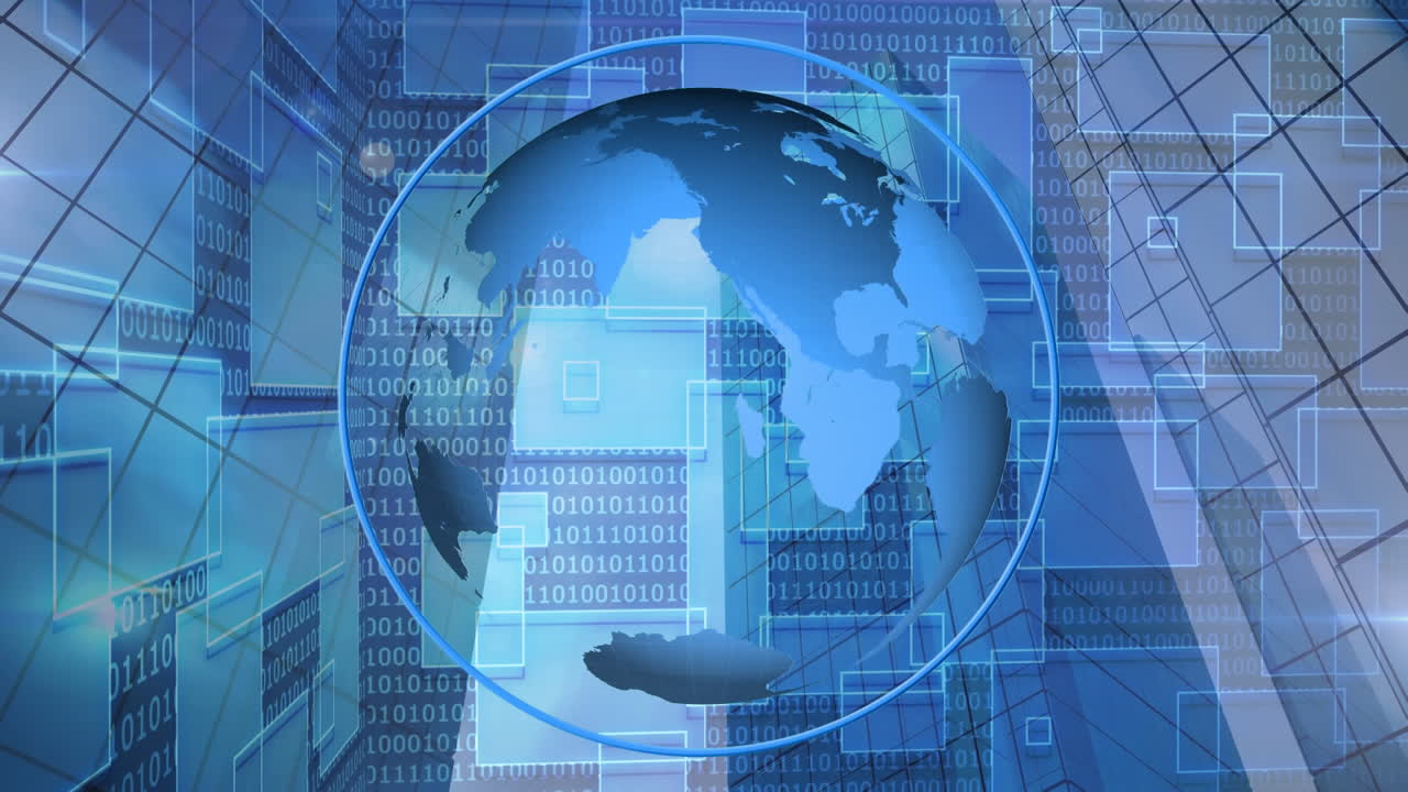 사각형 모양과 이진 코딩 데이터 처리에 대항하여 회전하는 지구의 디지털 애니메이션