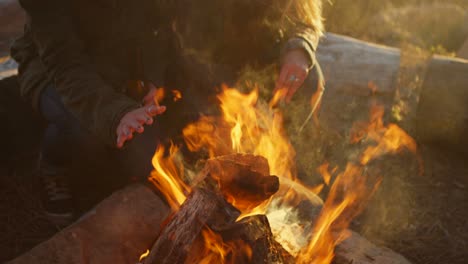 closeup of a couple warming their hands over a campfire