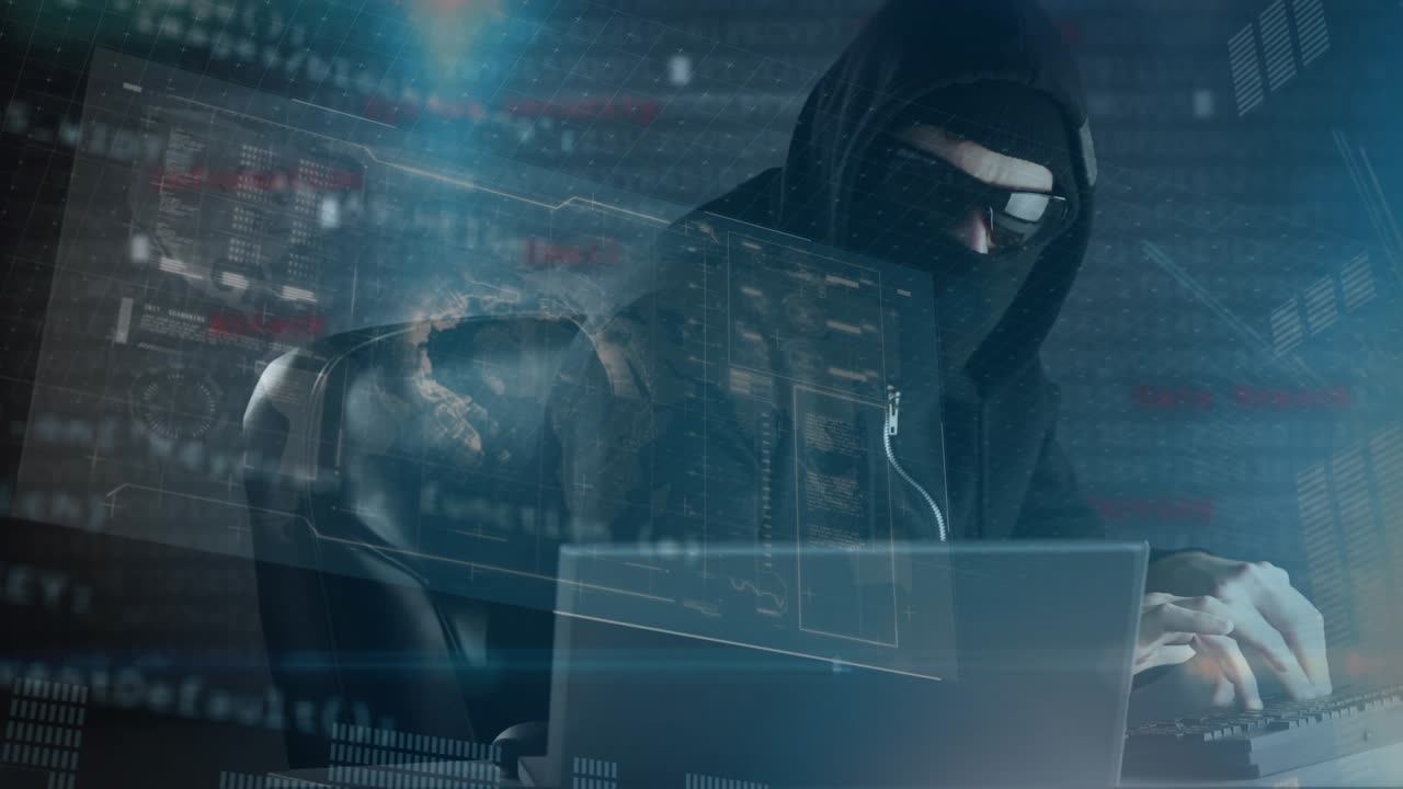 Animazione di elaborazione dati su hacker informatico maschio caucasico con passamontagna che usa un laptop