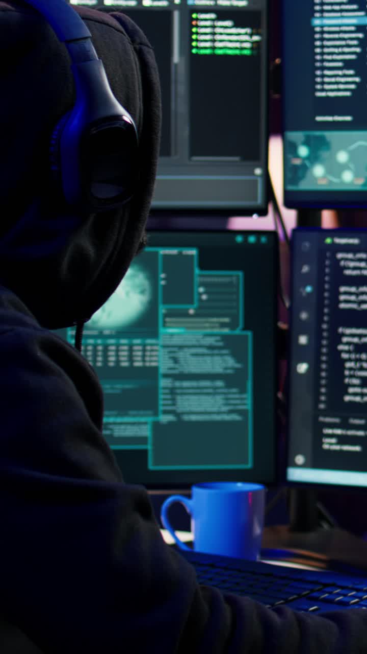 Hacker, der stjæler kreditkortnumre i en vertikal video, mens han lytter til musik i hovedtelefoner