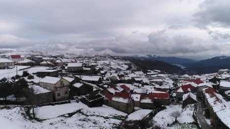 village with snow capped mountains