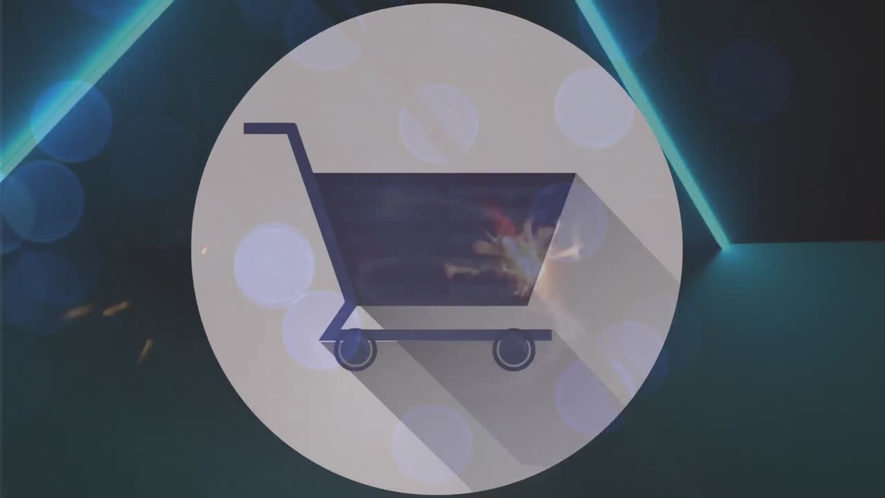 animación del código qr y el icono del carrito de compras sobre fuegos artificiales