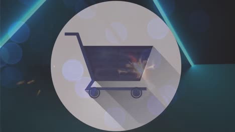animación del código qr y el icono del carrito de compras sobre fuegos artificiales
