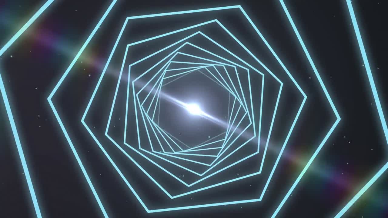 animación de un túnel de neón brillante azul girando sobre un fondo negro