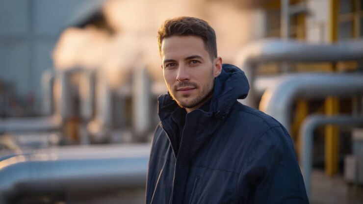 Un giovane uomo sicuro di sé si erge in mezzo a tubazioni industriali e vapore, mettendo in mostra una combinazione di ingegneria moderna e professionalità personale in un ambiente di lavoro dinamico.
