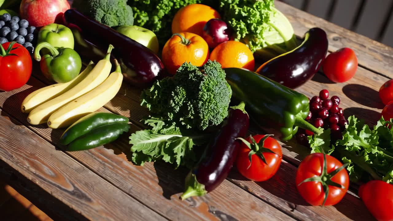 Abundant Assortment of Fresh Fruits and Vegetables on a Wooden Table