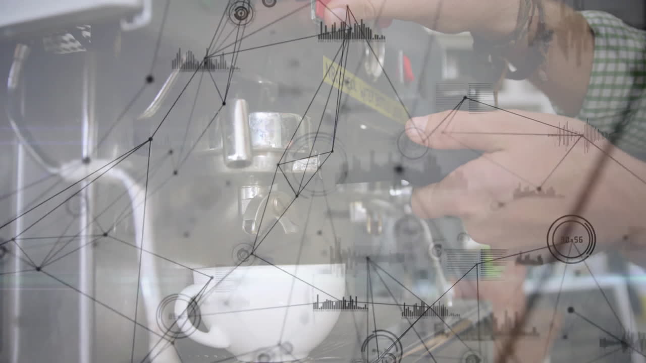 Espresso portafilter pouring coffee into white cup, showing network overlay with icons as 3D render