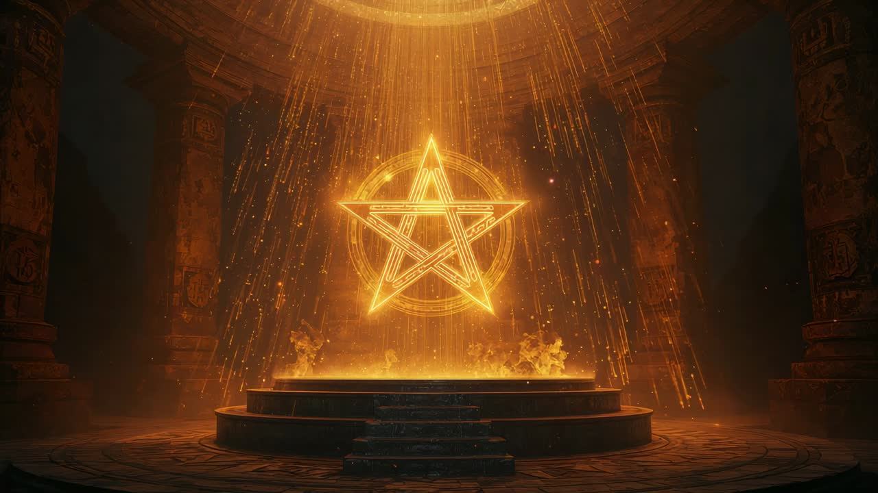 Fasci di luce scorrenti creano un pentagramma dorato e pulsante sopra un altare di pietra, illuminando la camera.