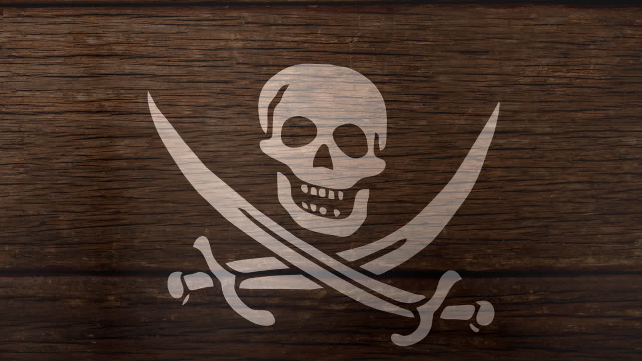 Animación de bandera pirata ondeando sobre superficie de madera