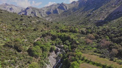 high mountain landscape with revelation of waterfall flowing and creating a torrent of water