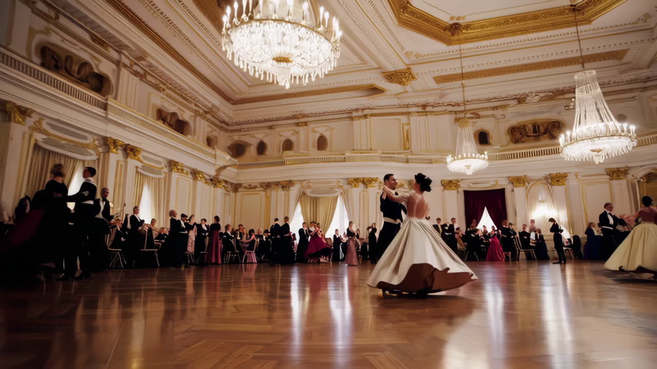 Elegant Couple Dancing in a Grand Ballroom at a Formal Event