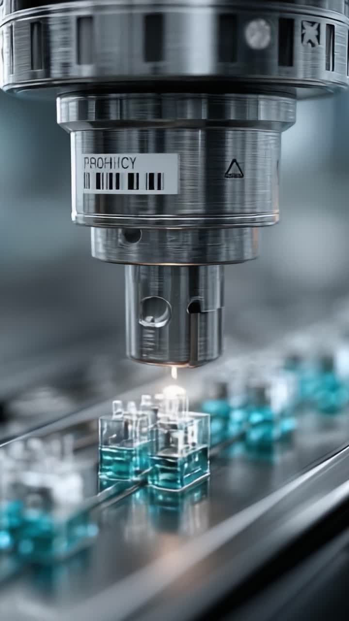 Advanced Precision in Automated Manufacturing: A High-Tech Focus on the Dispensing Mechanism Over Clear Vials in a High-Speed Production Environment