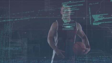 Animación-Del-Procesamiento-De-Datos-Digitales-Sobre-El-Retrato-De-Un-Jugador-De-Baloncesto-Caucásico-Sosteniendo-Una-Pelota