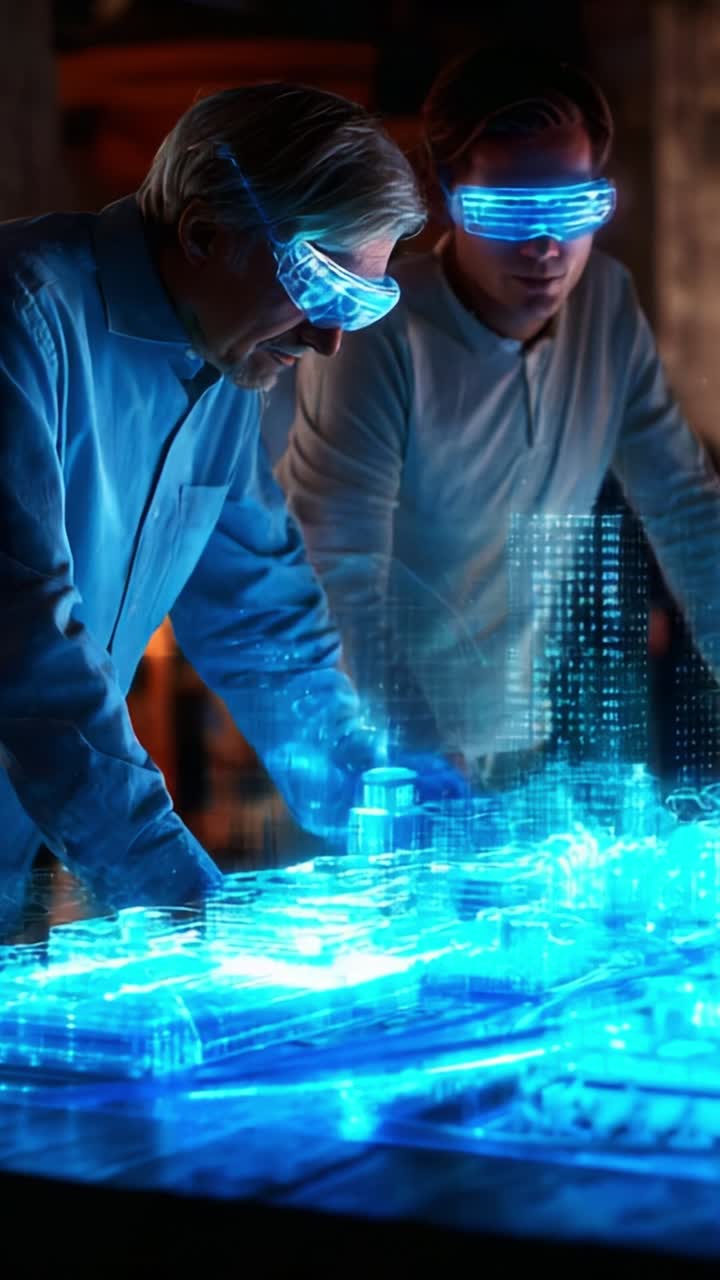 Futuristic Collaboration: Two Innovators Utilize Augmented Reality to Create and Design a Digital City Landscape with Holographic Projections in a Modern Workspace
