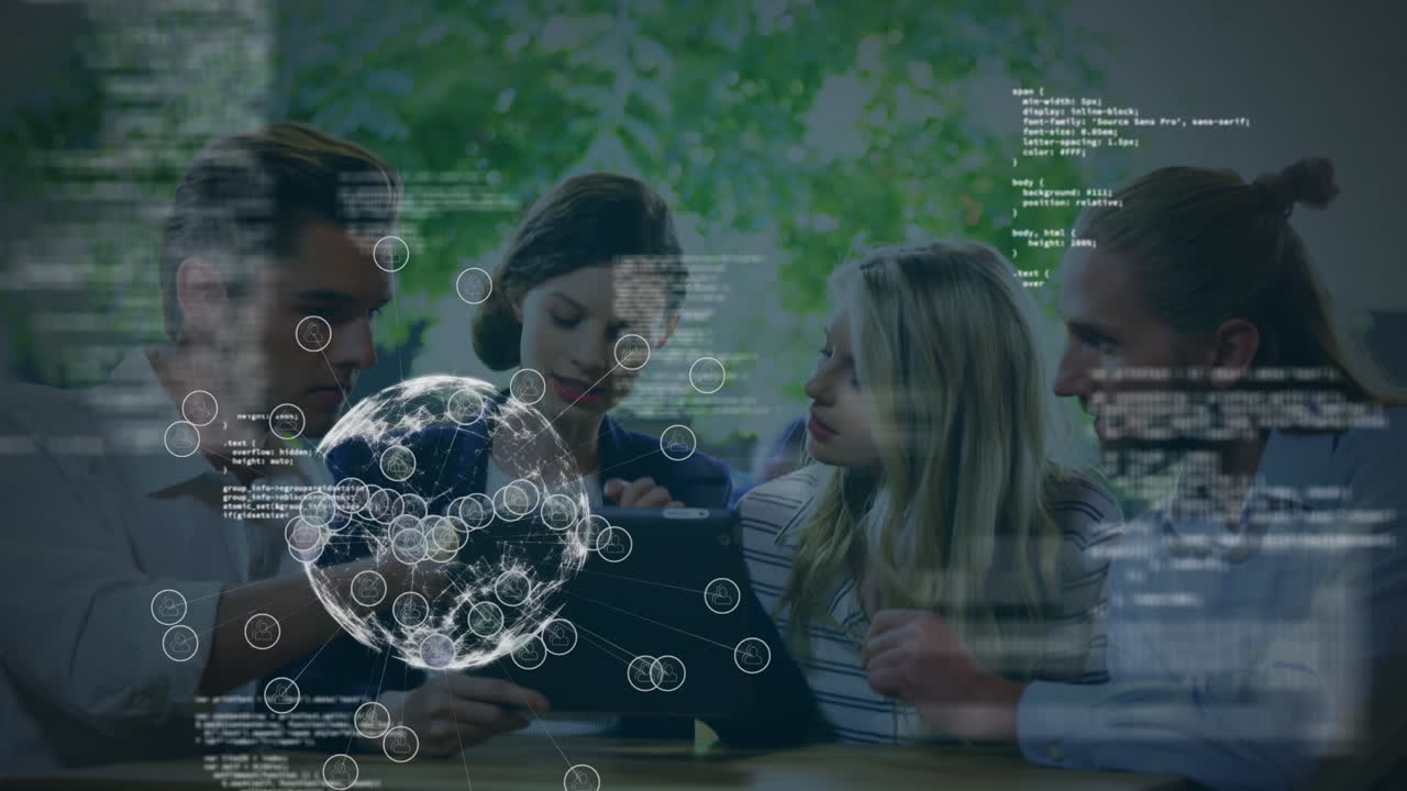 animazione dell'elaborazione dei dati finanziari su un gruppo di uomini d'affari che parlano