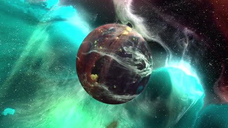 animation of brown planet in green galaxy