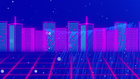 animación de puntos de luz sobre el paisaje urbano sobre un fondo púrpura