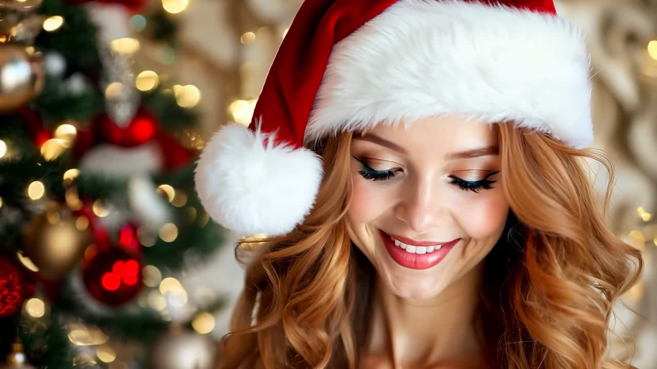 크리스마스 트리 앞 에 서 있는 산타 모자 를 입은 여자