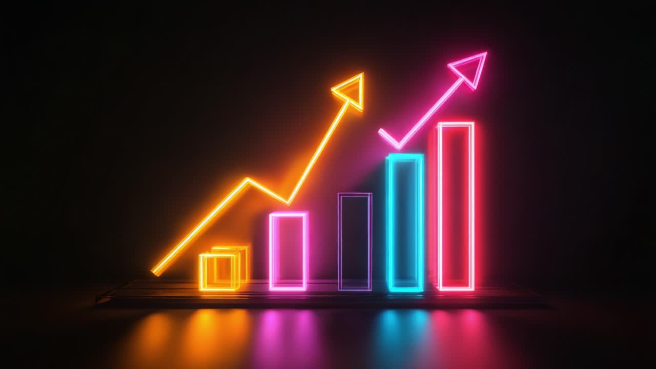 A Dynamic Neon Graph Display Illustrating Growth Trends with Colorful Bars and Arrows, Representing Financial Success and Increasing Metrics Against a Dark Background