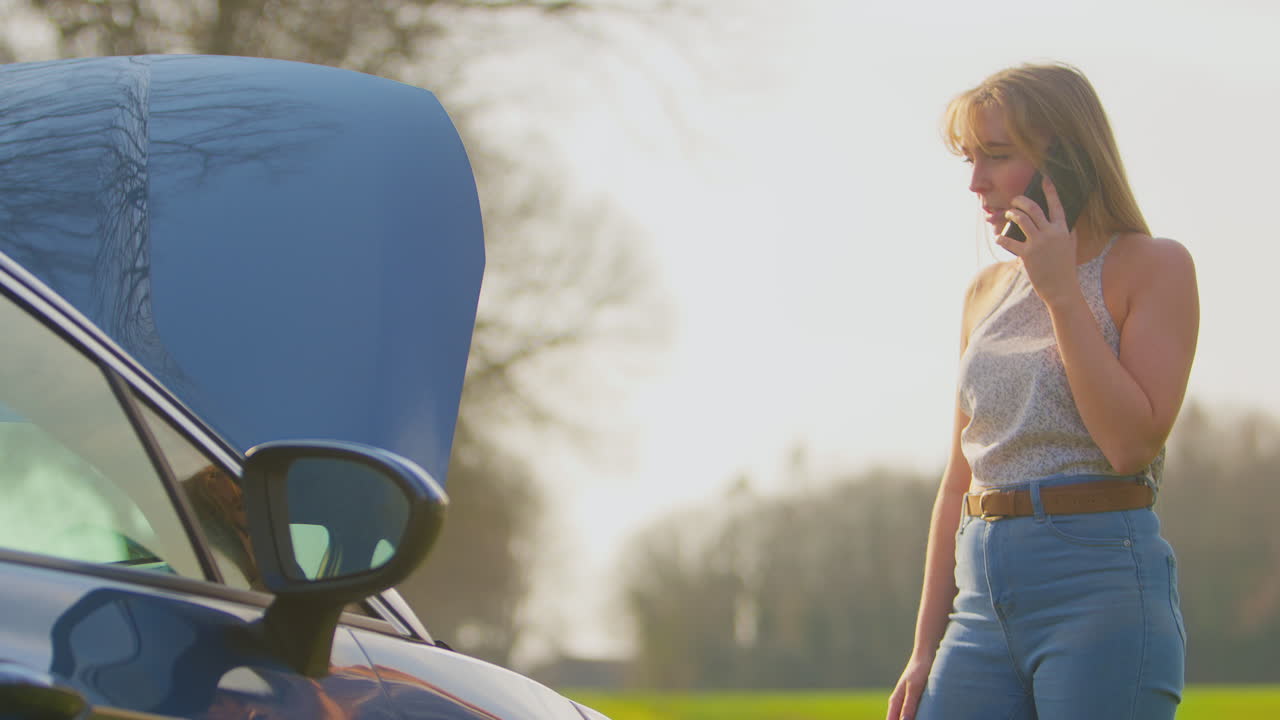 시골 도로 에서 차 가 고장 난 여자 가 드폰 으로 도움 을 요청 하고 있다