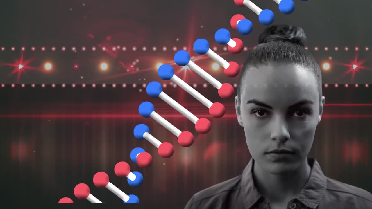 여성의 초상화와 배경에 있는 빛의 반점에 대해 회전하는 dna 구조