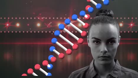 estructura de dna girando contra el retrato de la mujer contra puntos de luz en el fondo